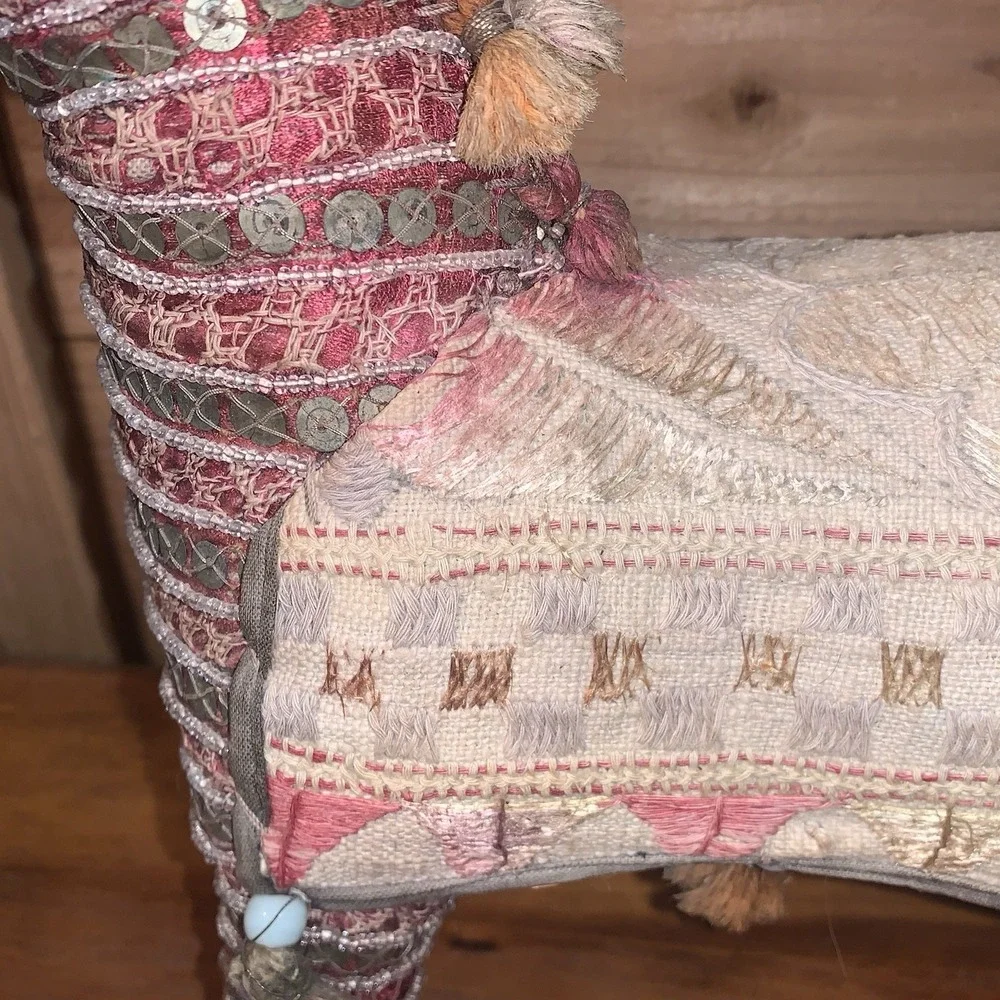 VTG India Folk Art Horse Hand Woven Fabric Mirrors Beads BOHO Rajasthan MCM 12